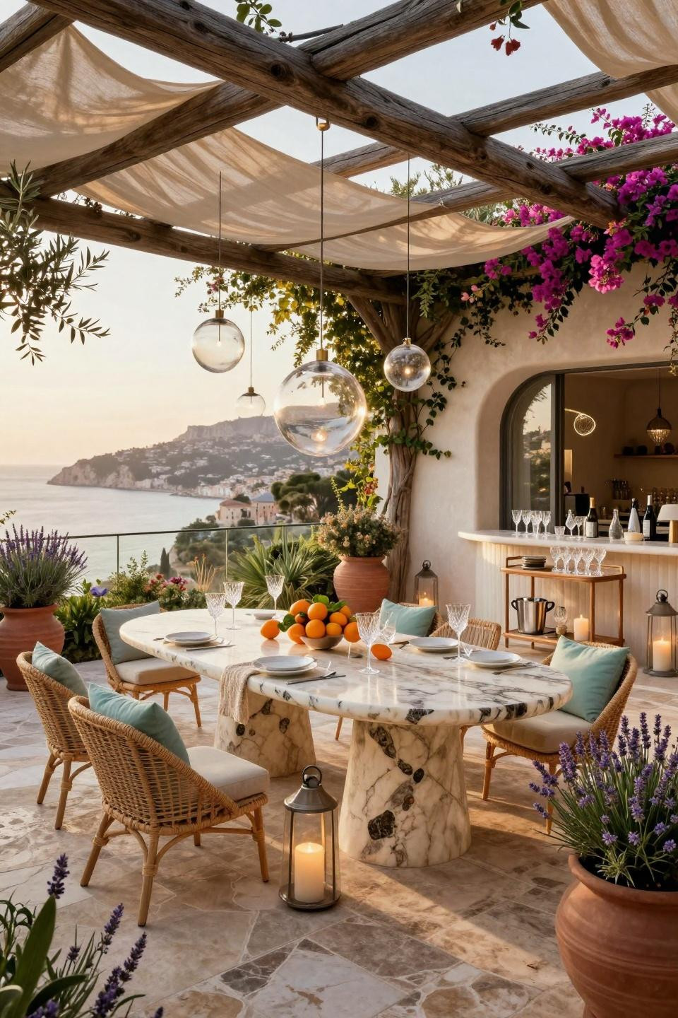Garden party ideas with monumental limestone dining table and sculptural lighting