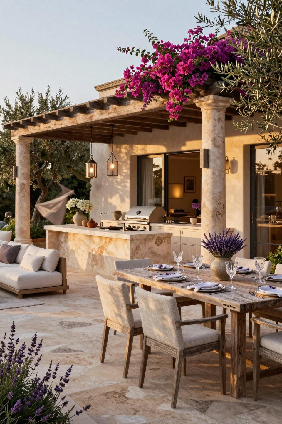 Garden party ideas featuring limestone outdoor kitchen with Lynx Professional Series grill