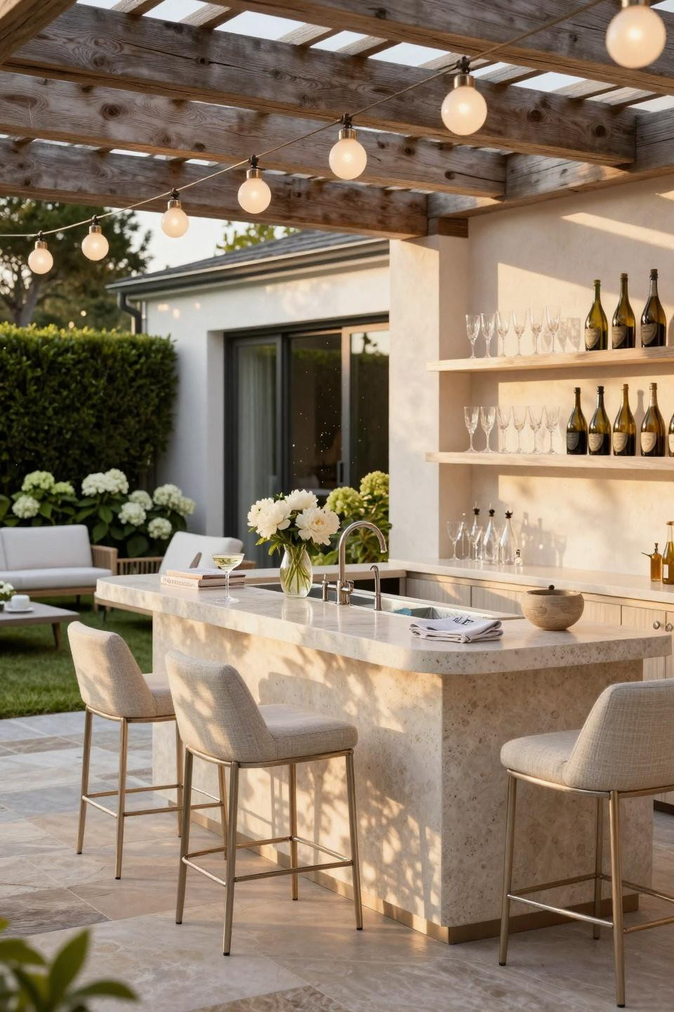 Garden party ideas with waterfall-edge limestone champagne bar