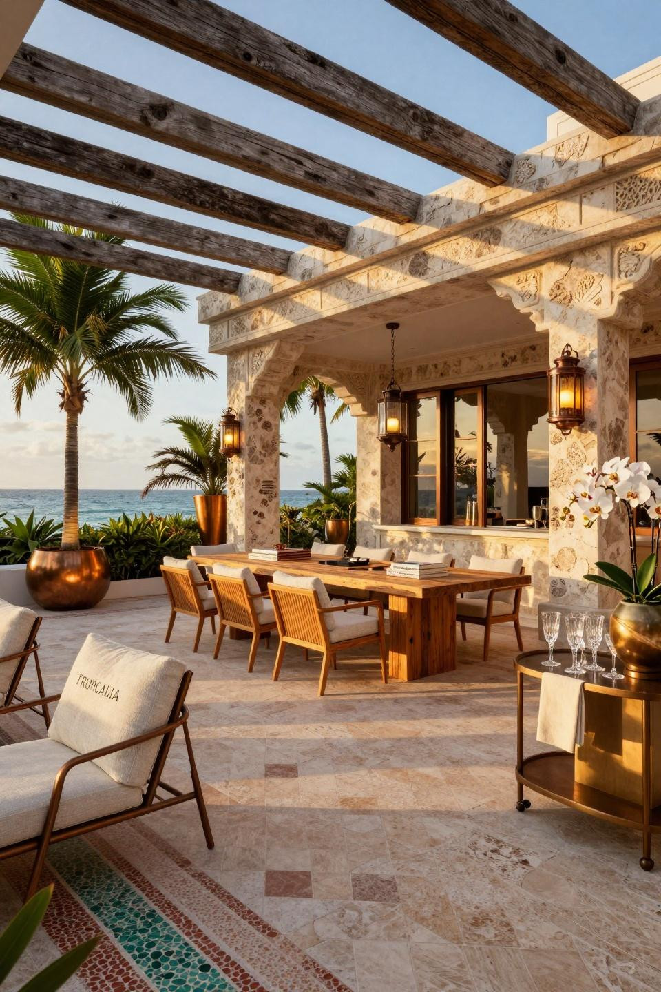 Garden party ideas featuring Art Deco travertine pavilion with bronze details
