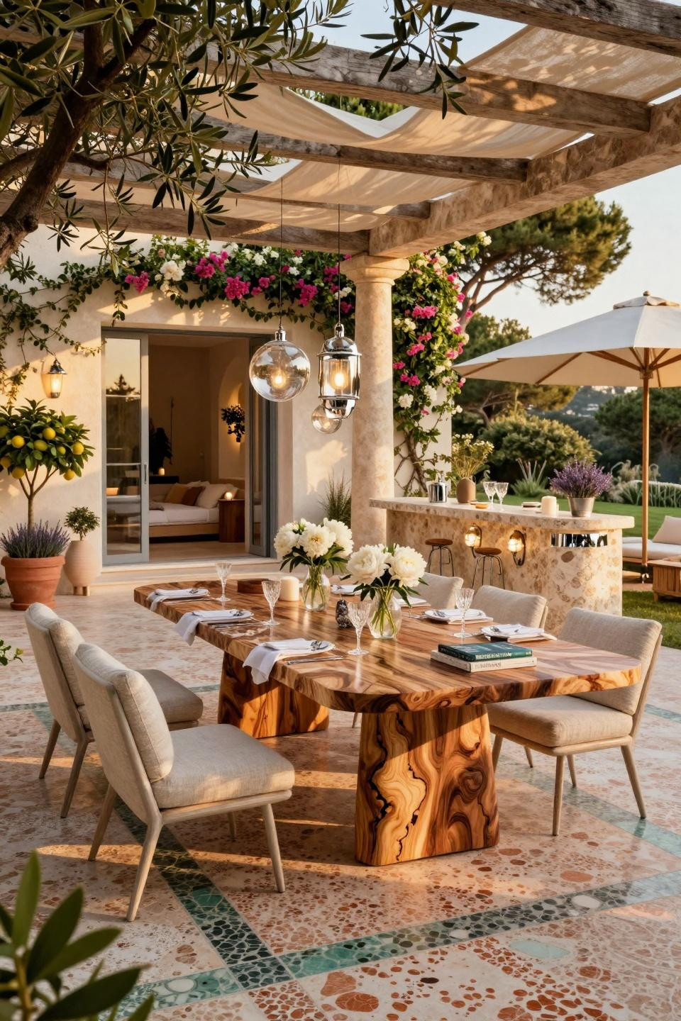 Garden party ideas with custom terrazzo flooring and walnut burl dining table