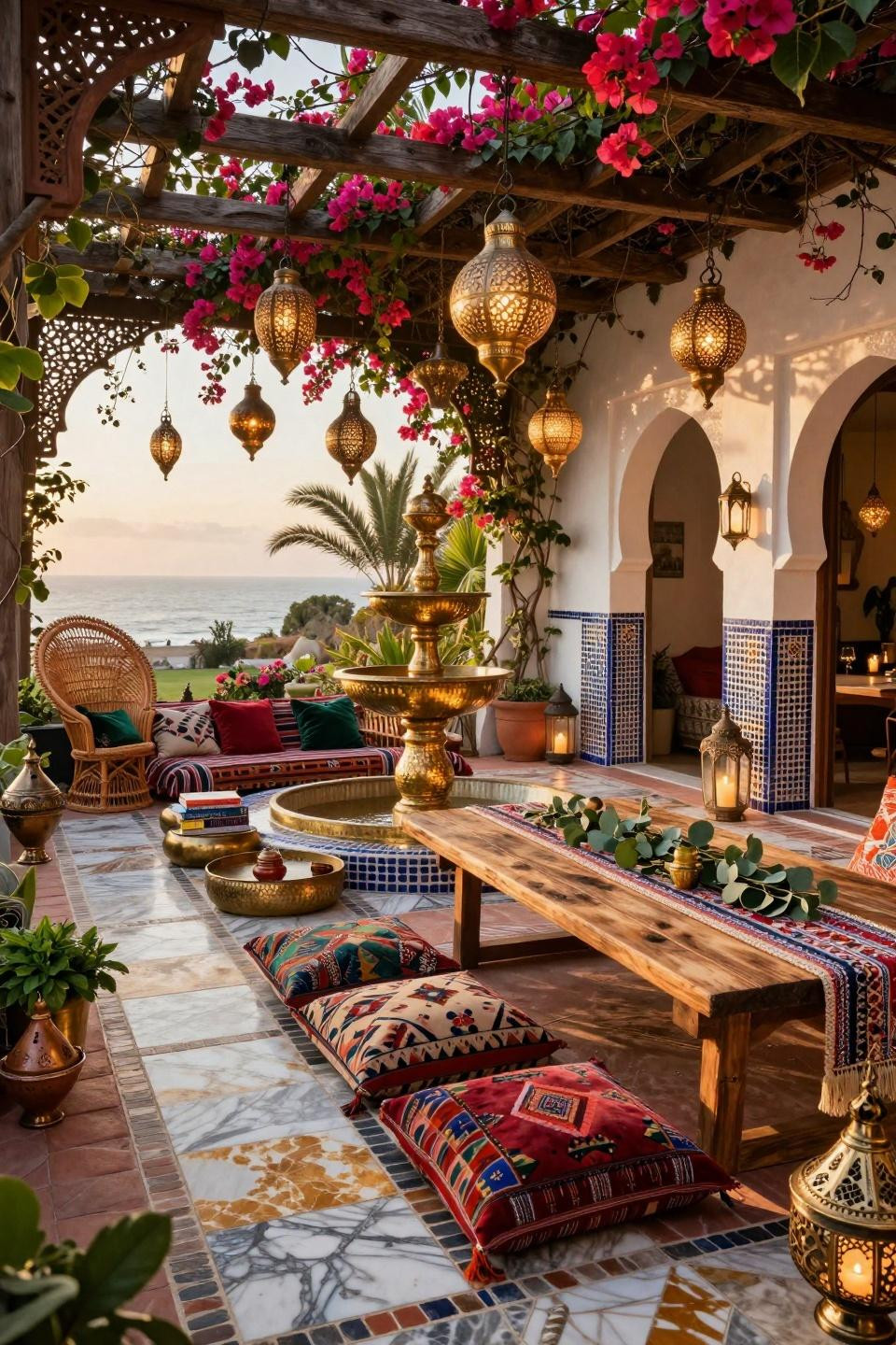 Garden party ideas featuring Moroccan-inspired terrace with brass fountain