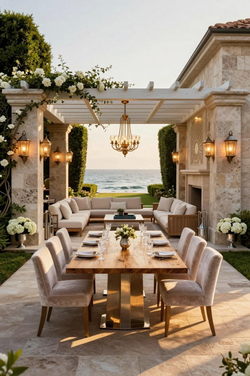 Garden party ideas featuring French limestone terrace with Art Deco entertaining space