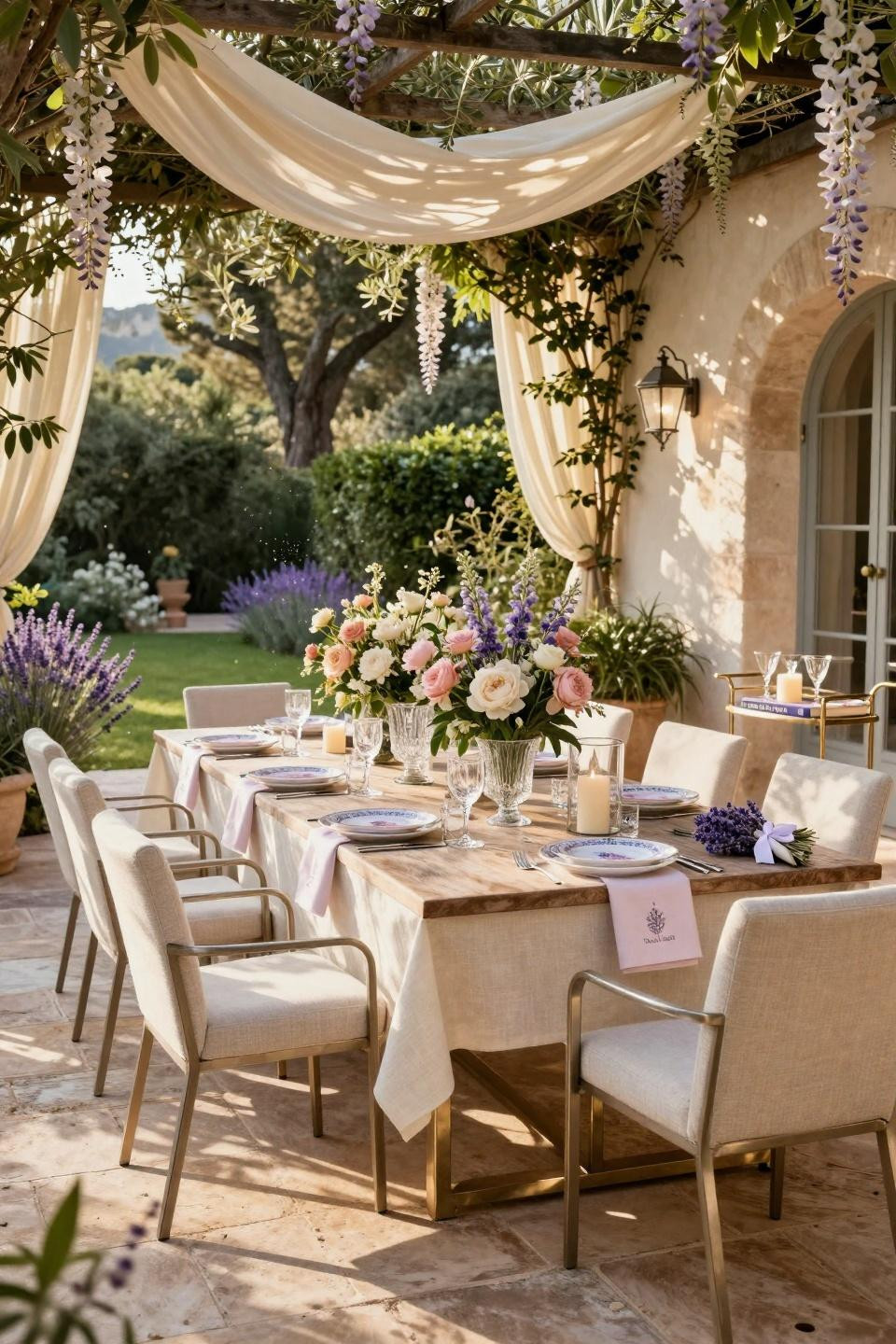 Garden party bridal shower ideas with RH Antibes weathered teak table and Baccarat crystal vases in Cap Ferrat villa