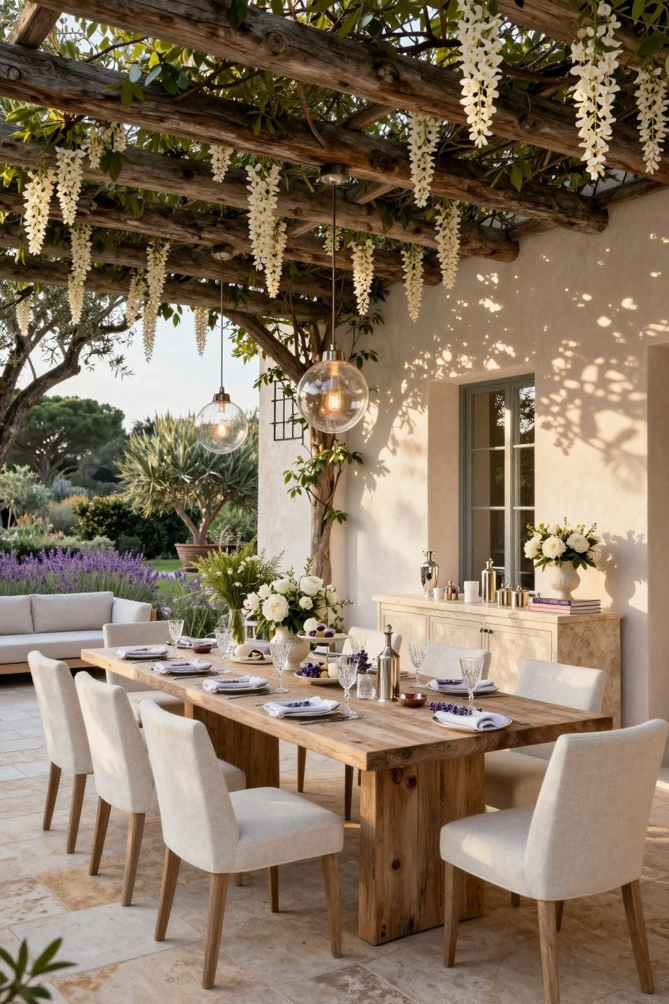 Garden party bridal shower ideas with Jerusalem limestone high tea station and BDDW reclaimed teak table in Saint-Tropez villa