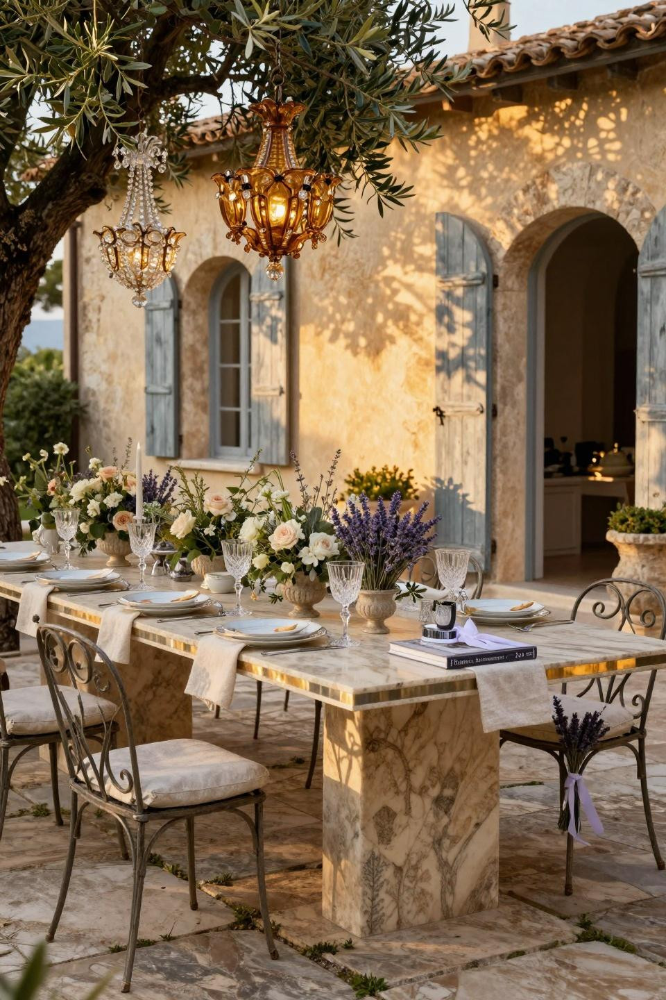 Garden party bridal shower ideas with book-matched French limestone table and Murano glass chandeliers in Cap Ferrat villa