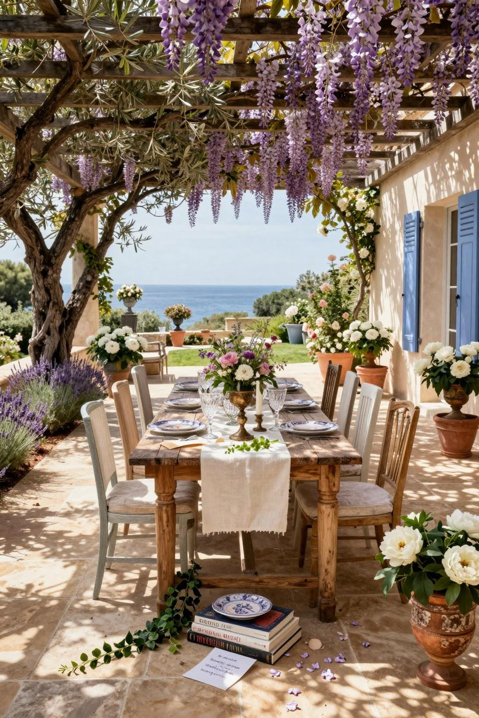 Garden party bridal shower ideas with reclaimed teak harvest table and wisteria pergola in French Riviera villa