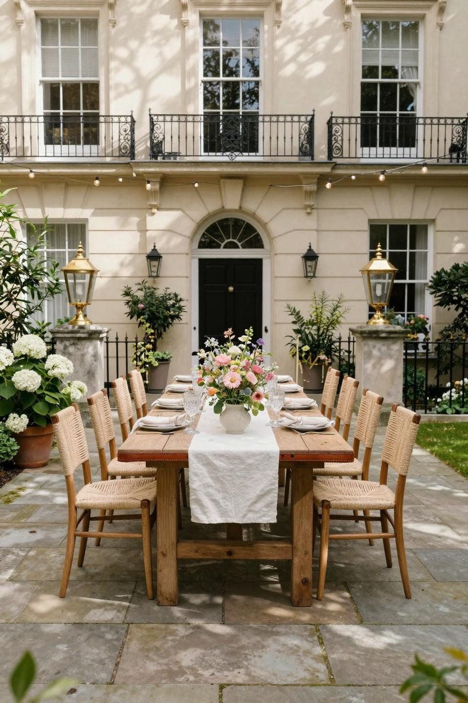 Garden party bridal shower ideas with bleached ash table and wildflower centerpieces in London Kensington townhouse