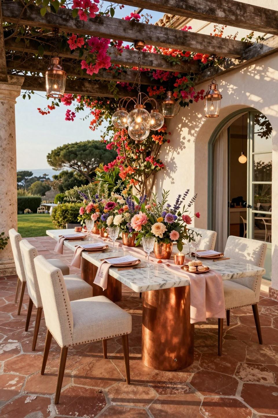 Garden party bridal shower ideas with quartzite table and copper lanterns in French Riviera villa