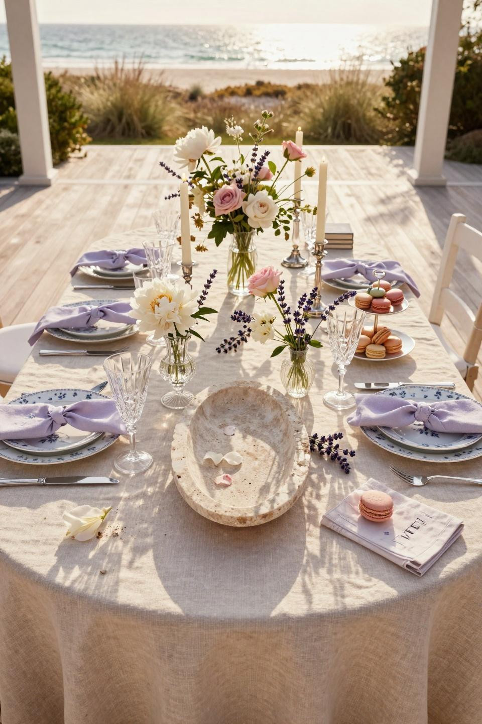 Garden party bridal shower ideas with hand-carved French limestone serving platter and Baccarat crystal vases