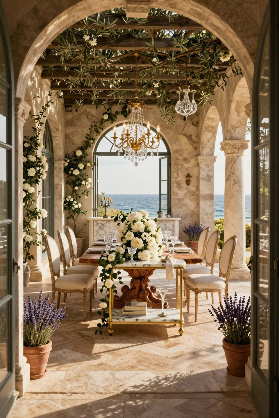 Garden party bridal shower ideas with Calacatta Gold marble bar cart and cascading white peonies in Hamptons estate