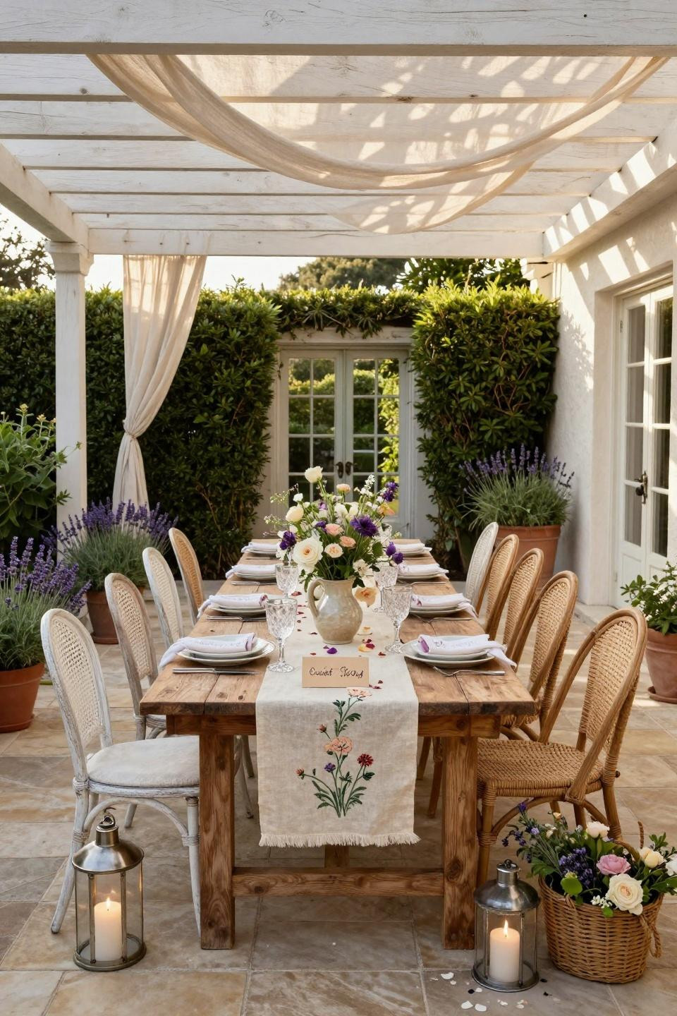 Garden party bridal shower ideas with bleached teak harvest table and mismatched vintage chairs in Hamptons beach house