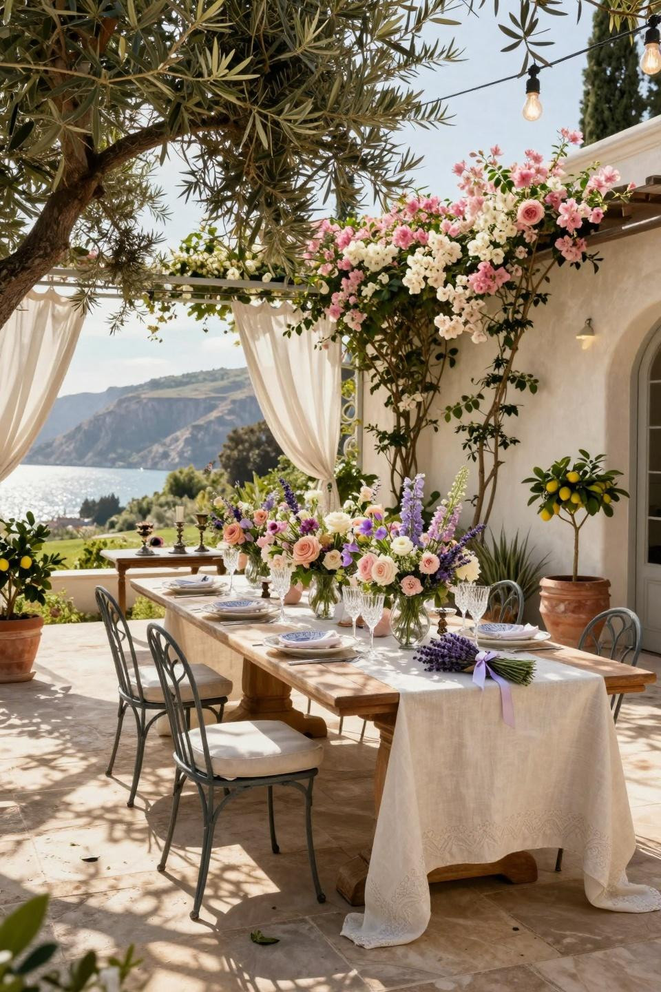 Garden party bridal shower ideas with custom teak table and wildflower arrangements in Beverly Hills estate