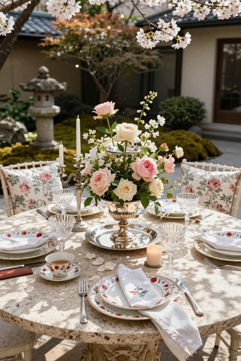 Garden party bridal shower ideas with French limestone table and Georgian sterling silver epergne in Tokyo residence