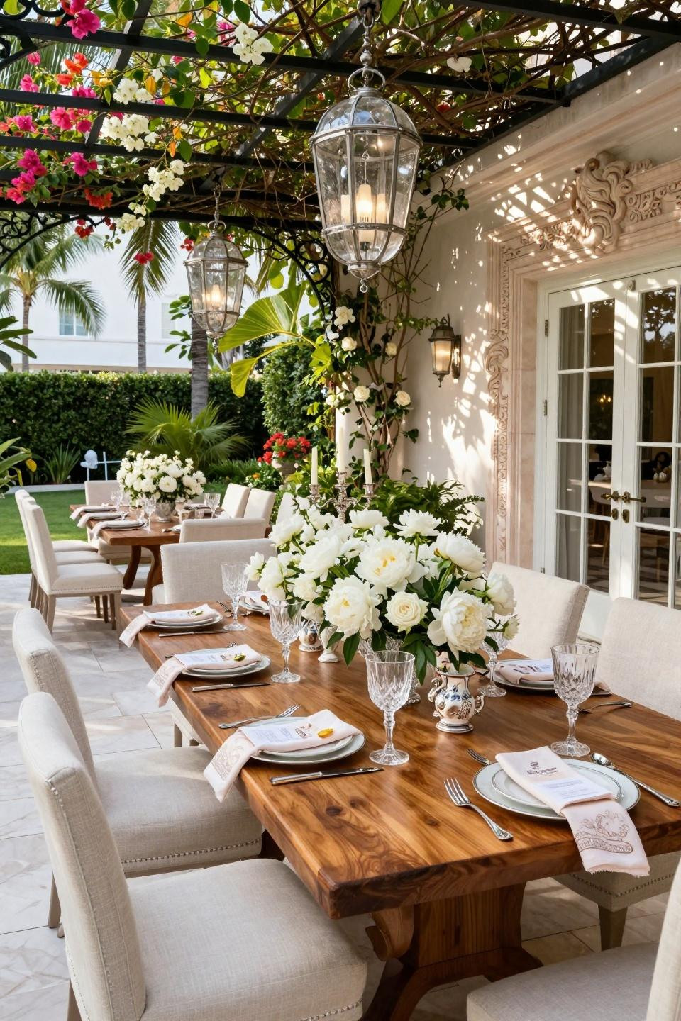 Garden party bridal shower ideas with mahogany table and cascading white peonies in Miami villa