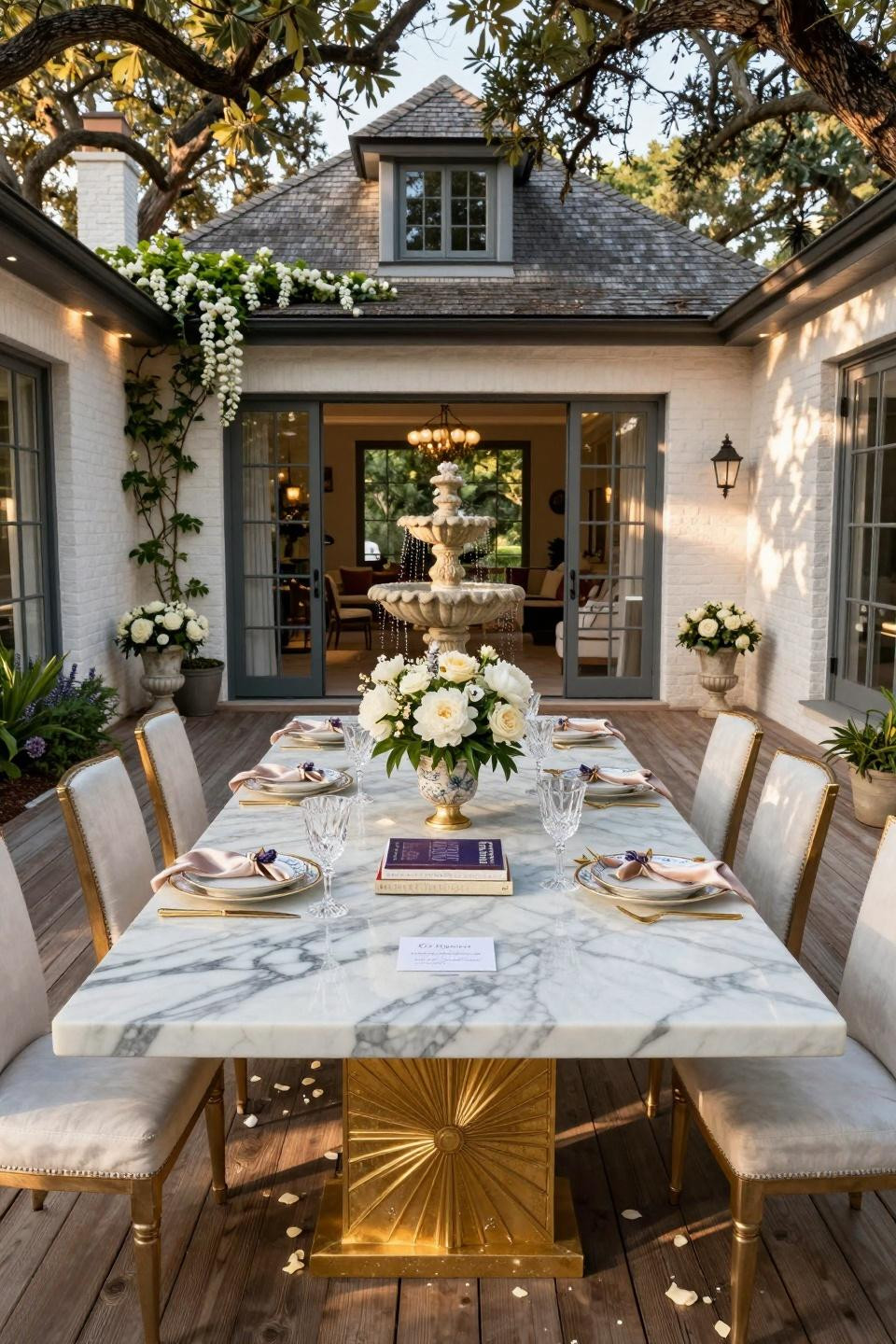Garden party bridal shower ideas with Calacatta Borghini marble table and hand-carved gold leaf base