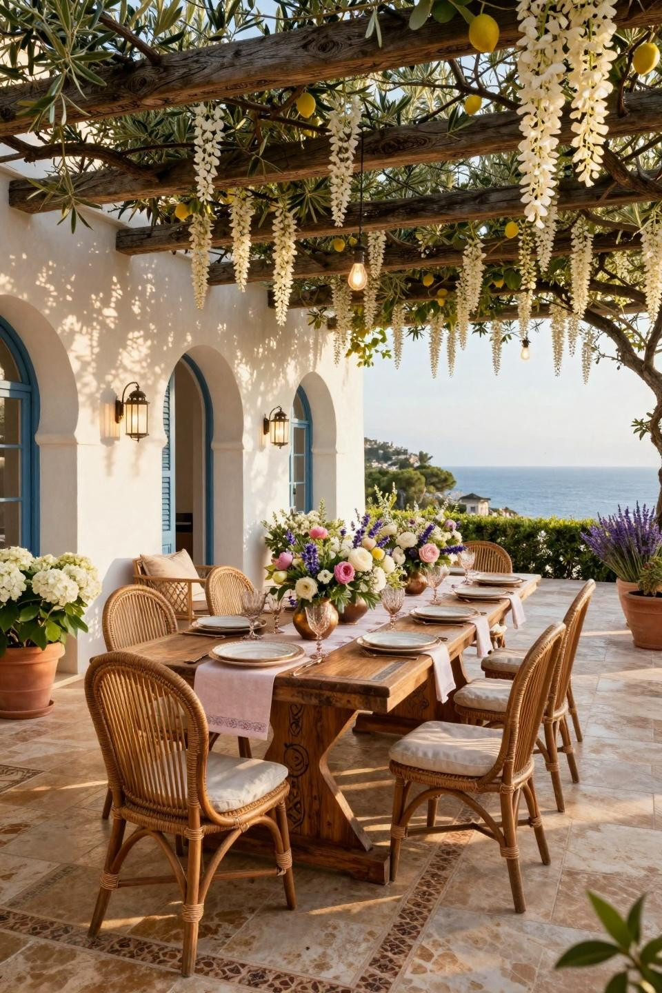 Garden party bridal shower ideas with travertine flooring and wildflower arrangements in French Riviera estate
