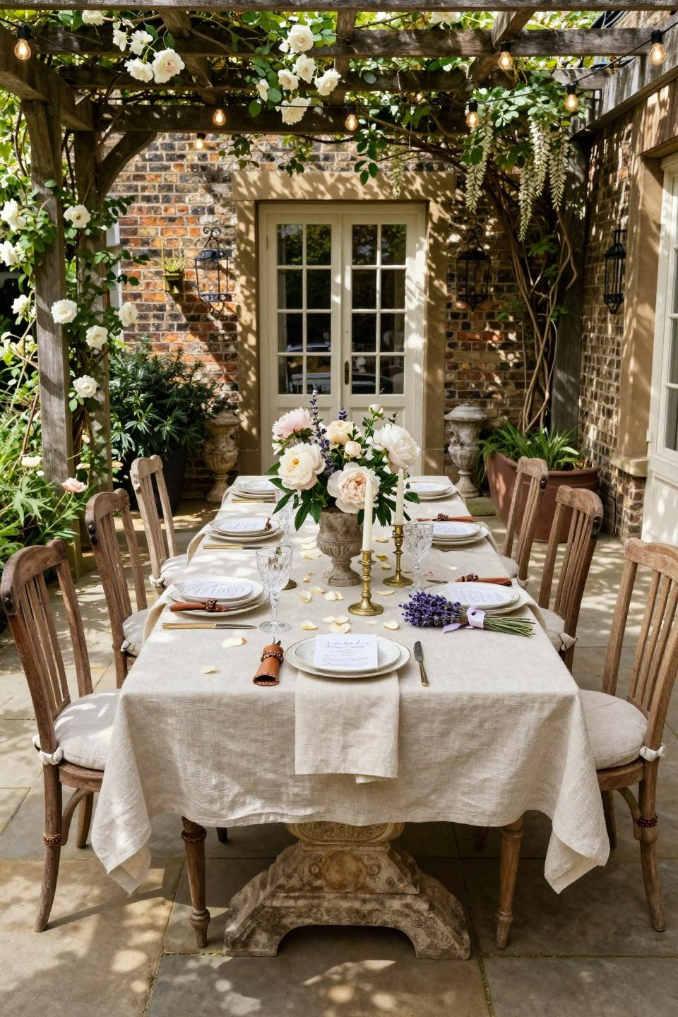 Garden party bridal shower ideas with hand-carved limestone table on London Kensington estate terrace