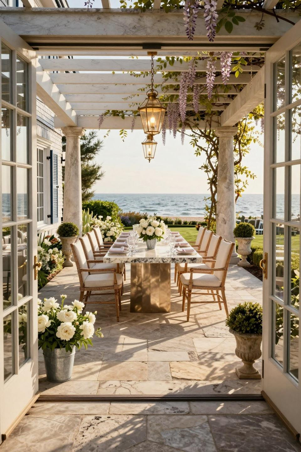 Garden party bridal shower ideas with quartzite table and white peonies in Hamptons beach house