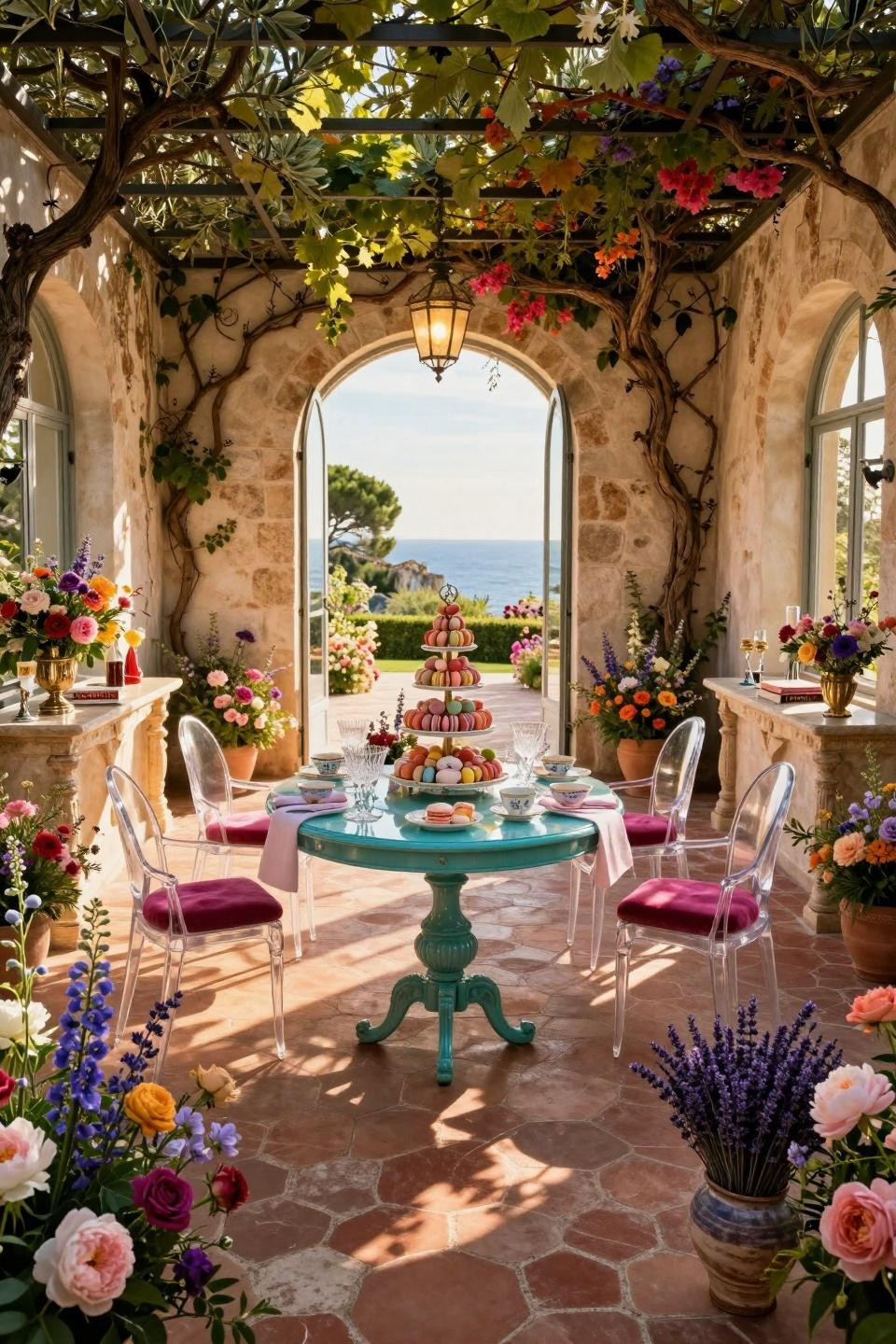 Garden party bridal shower ideas with wildflower arrangements in French Riviera villa courtyard