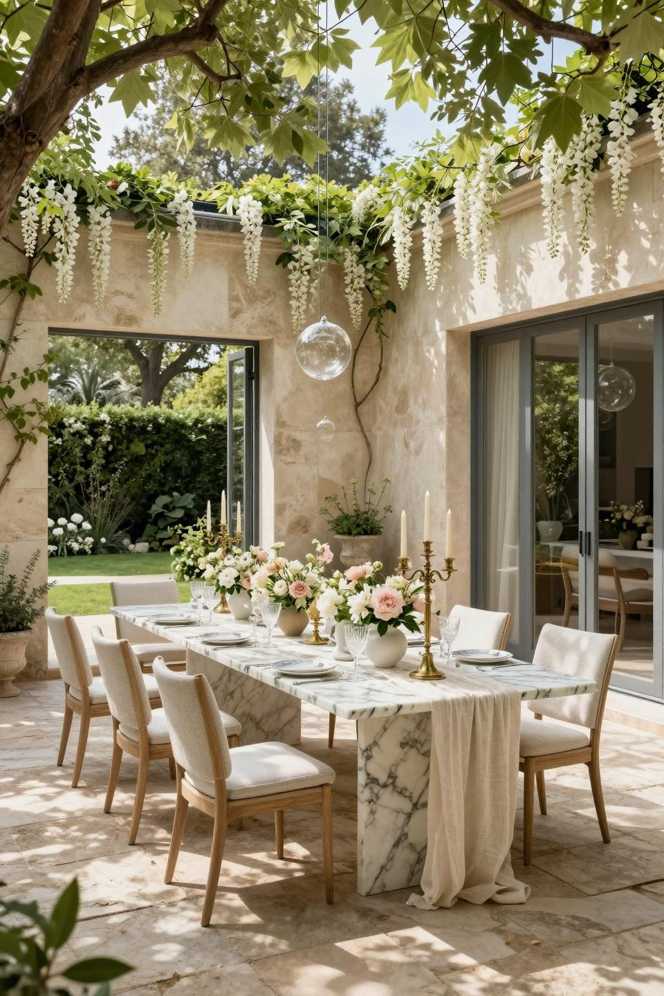 Garden party bridal shower ideas with Calacatta Gold marble dining table in Parisian courtyard