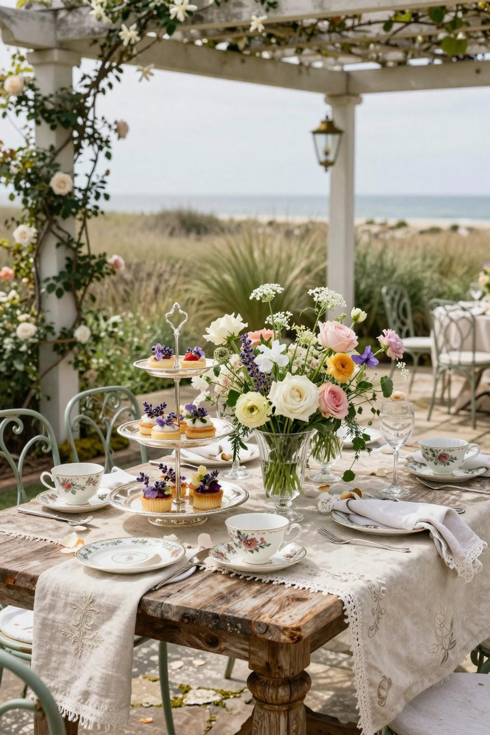 Garden party bridal shower ideas with French limestone patio and high tea service in mercury glass vessels
