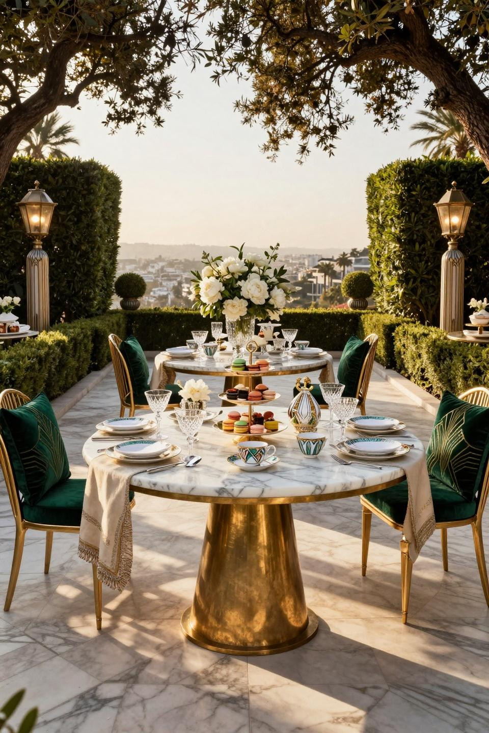 High Tea Party Decorations with polished brass and emerald velvet