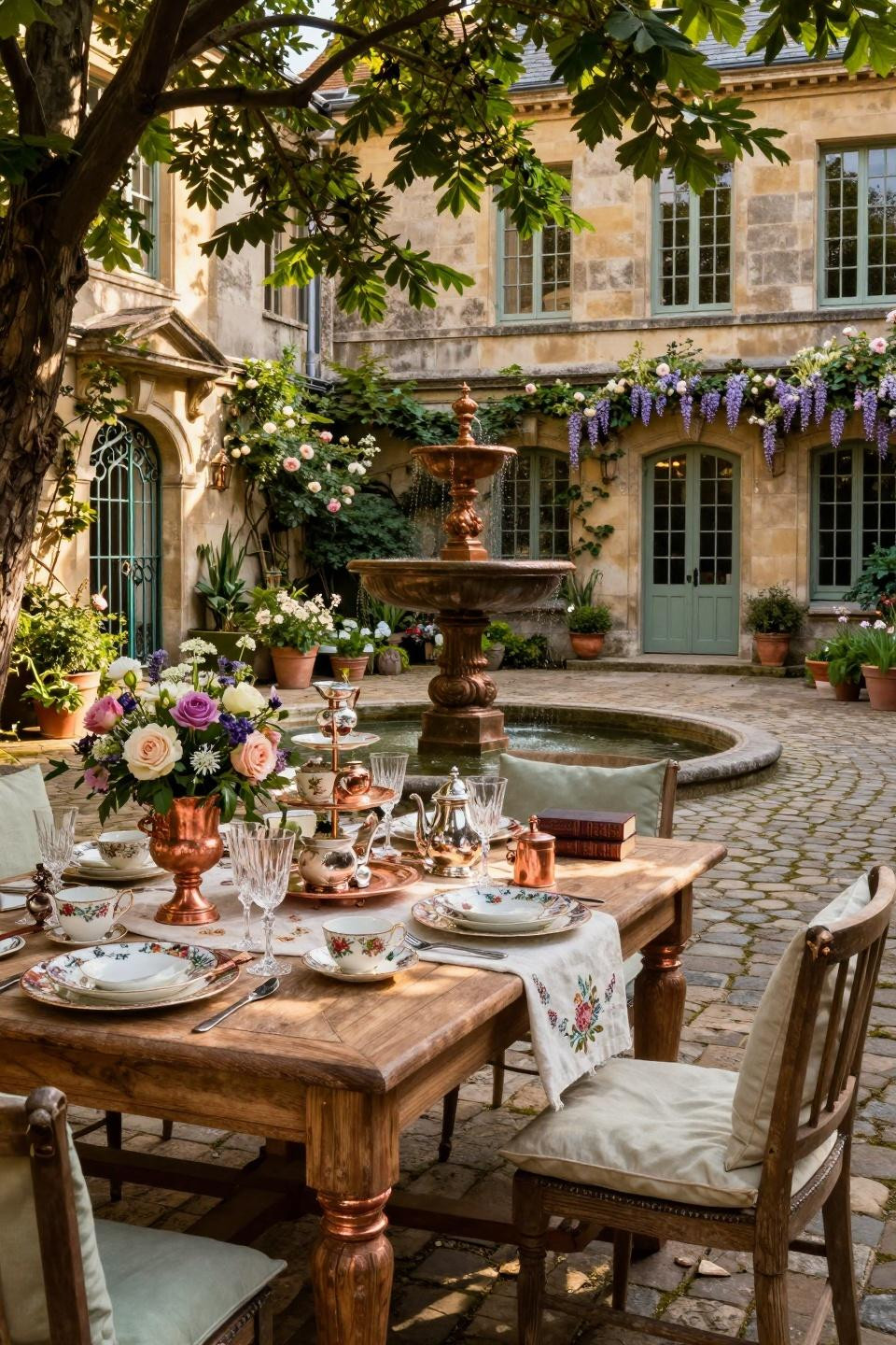 Elegant Tea Party with aged copper inlay and Bernardaud Limoges