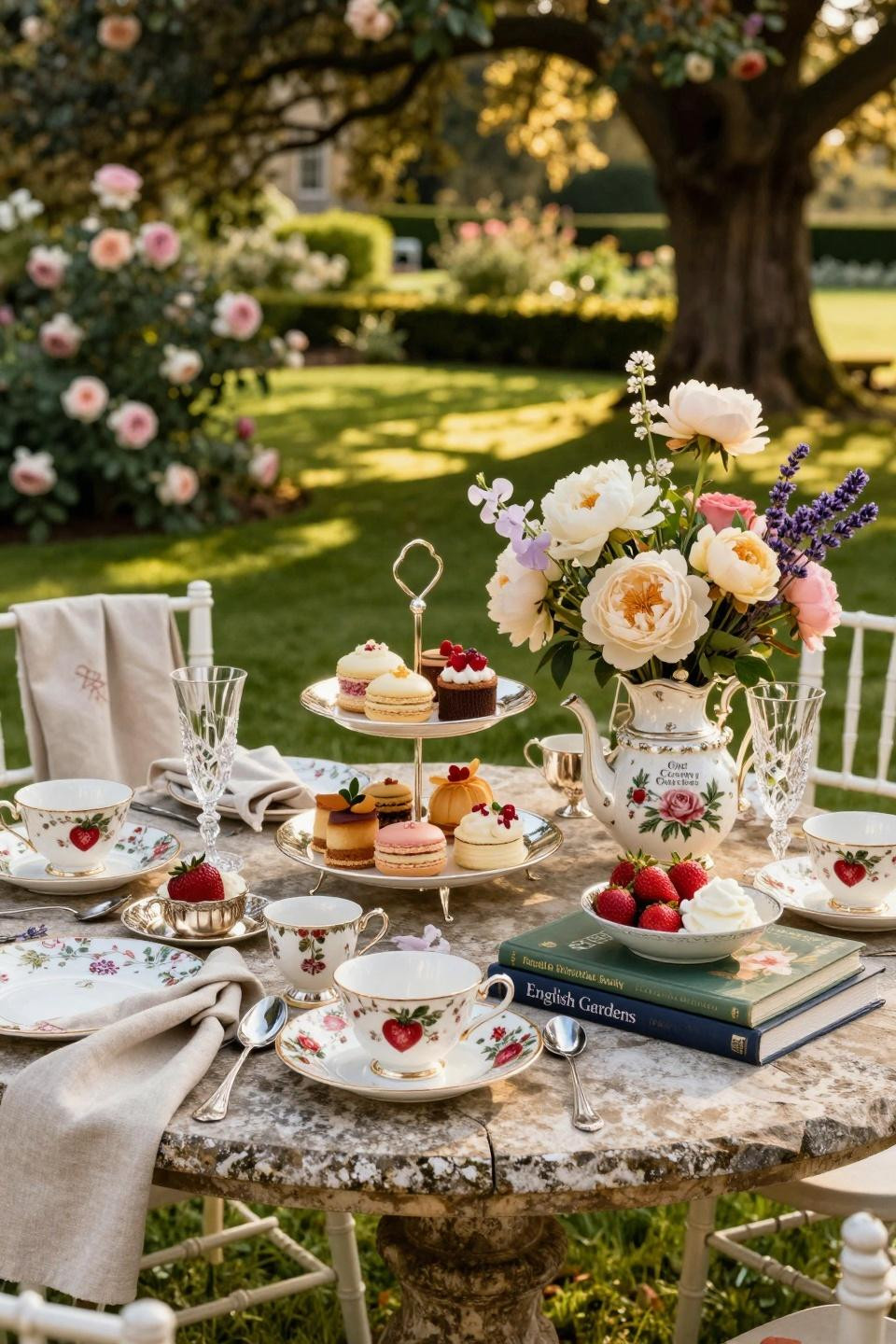 High Tea Party Decorations with Calacatta marble and Wedgwood porcelain