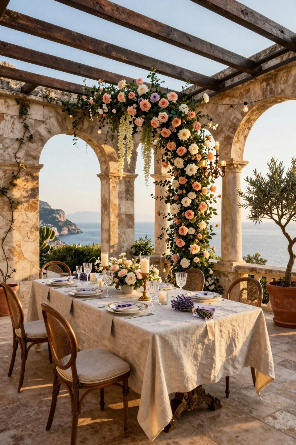 Diy garden party featuring Putnam & Putnam cascading florals on reclaimed teak table with sea views
