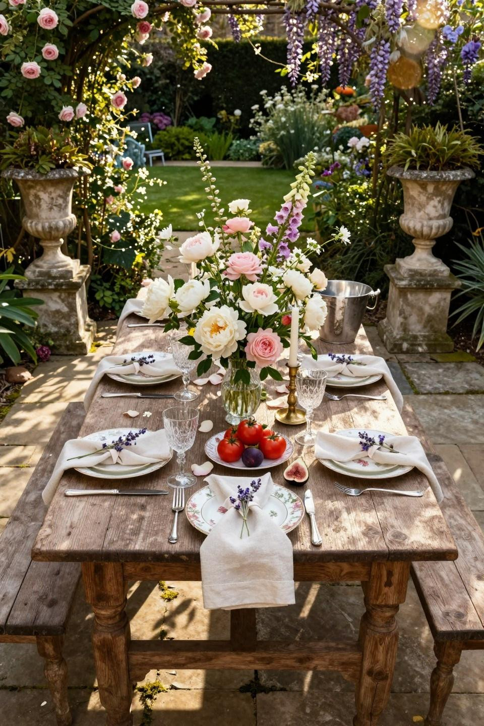 Diy garden party featuring hand-hewn oak farmhouse table with garden-gathered blooms in vintage crystal