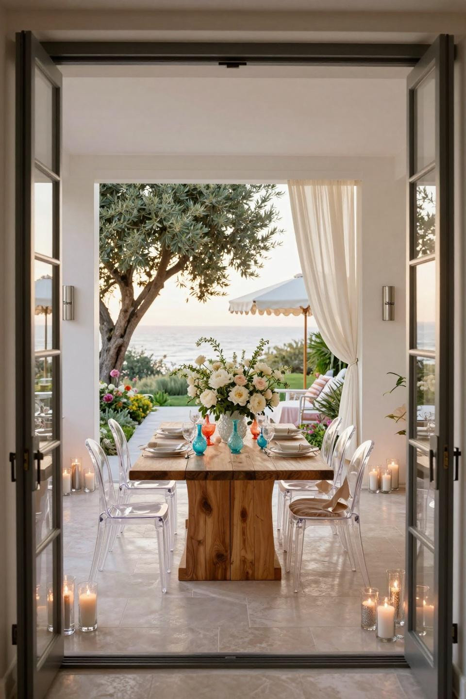 Diy garden party setup with bleached ash table and towering white peonies in Venetian glass vessels