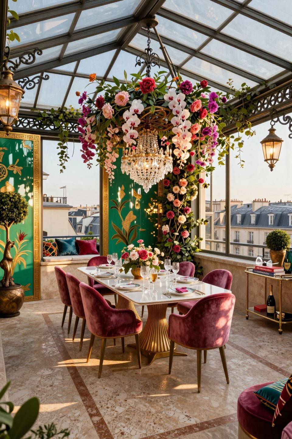 Diy garden party inspiration featuring lacquered chinoiserie screens and cascading orchids in aged bronze framework