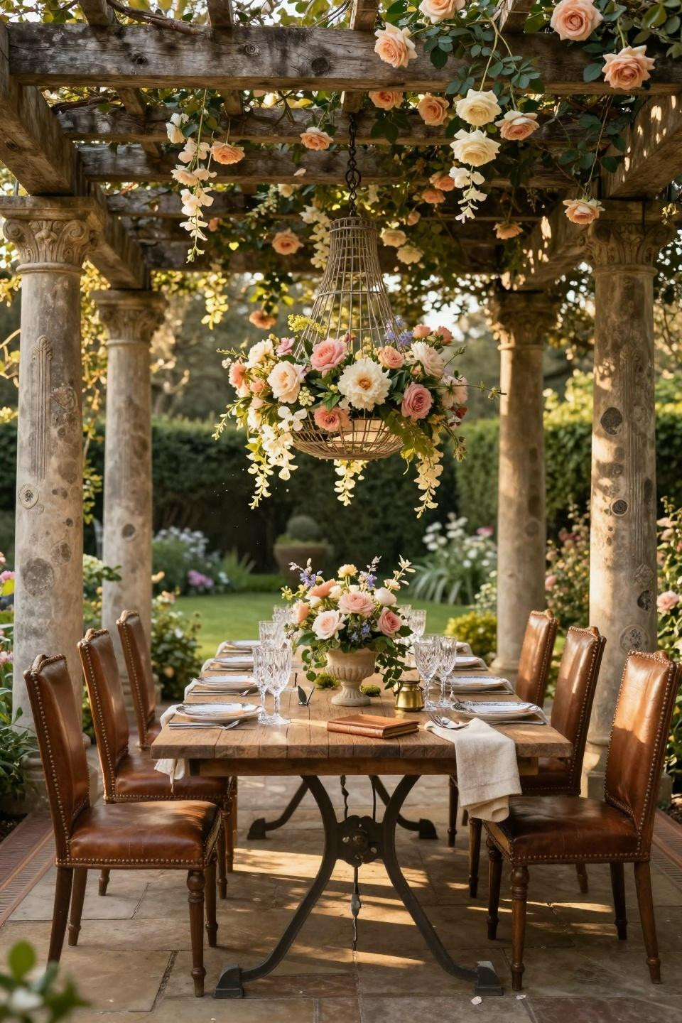 Garden party theme ideas with suspended floral chandelier and Cotswolds limestone columns