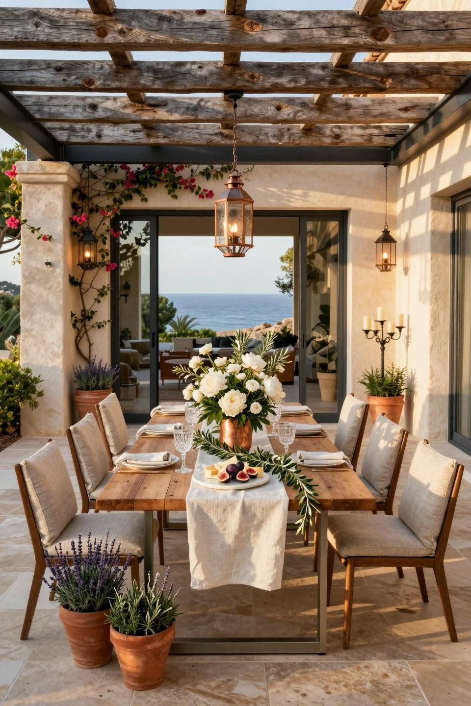Simple garden party featuring vintage bentwood chairs and garden-fresh florals on reclaimed teak decking