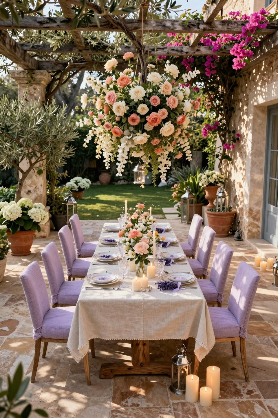 Garden party aesthetic featuring cascading blush florals on honey-colored limestone terrace with Mediterranean views