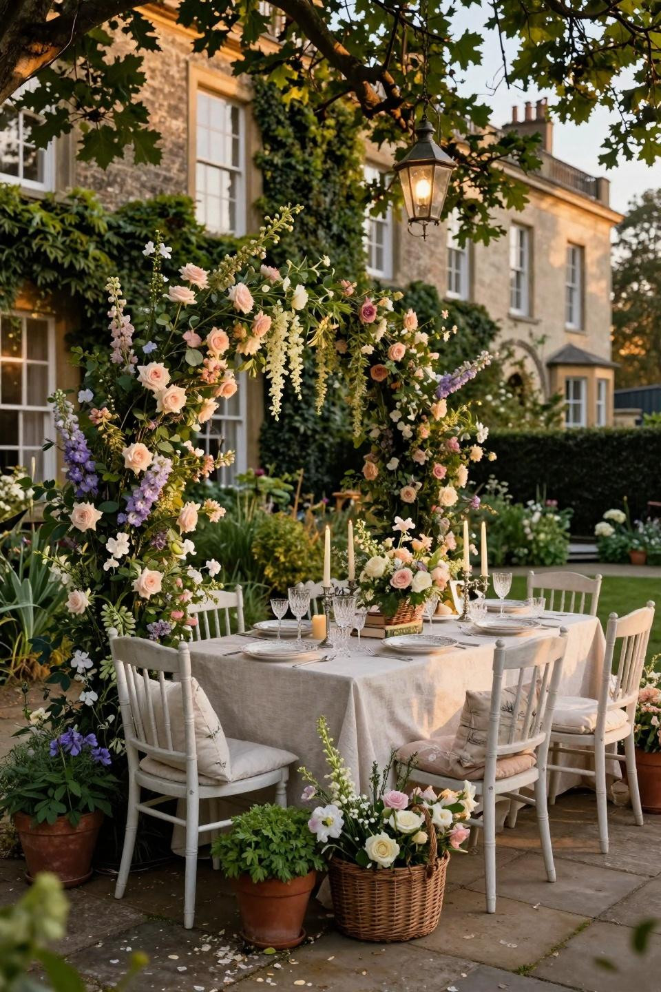 Garden party set up in London Kensington with white oak Lutyens furniture and romantic floral installations
