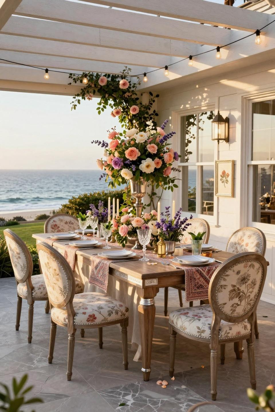 Small garden party decorations featuring English garden-style arrangements on bleached ash table with Pacific views