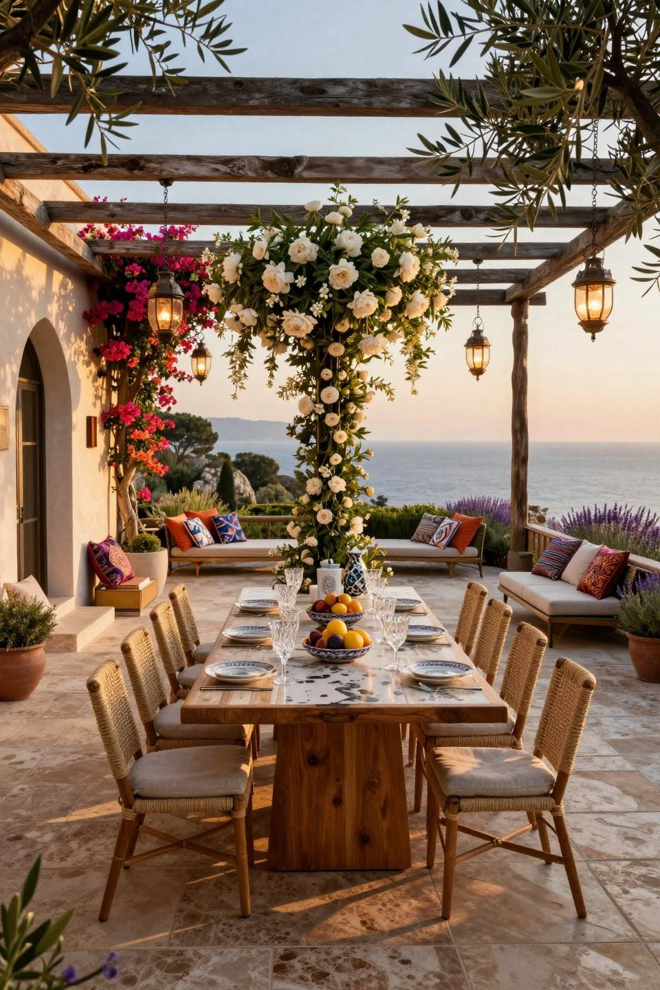 Garden party decorations featuring travertine terrace with cascading white peonies and bronze lanterns overlooking Mediterranean