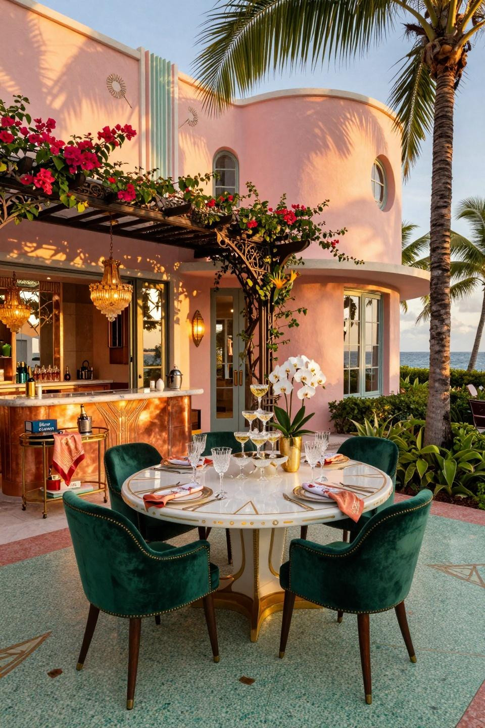 Garden Party Set Up in historic 1930s Art Deco Miami villa with terrazzo flooring