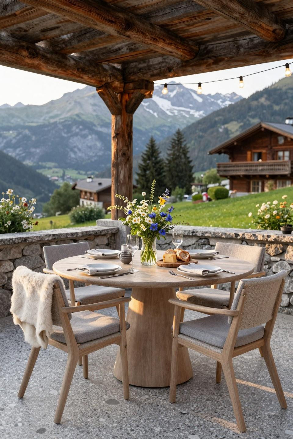 Garden Party Set Up featuring mid-century teak furniture in Swiss alpine chalet