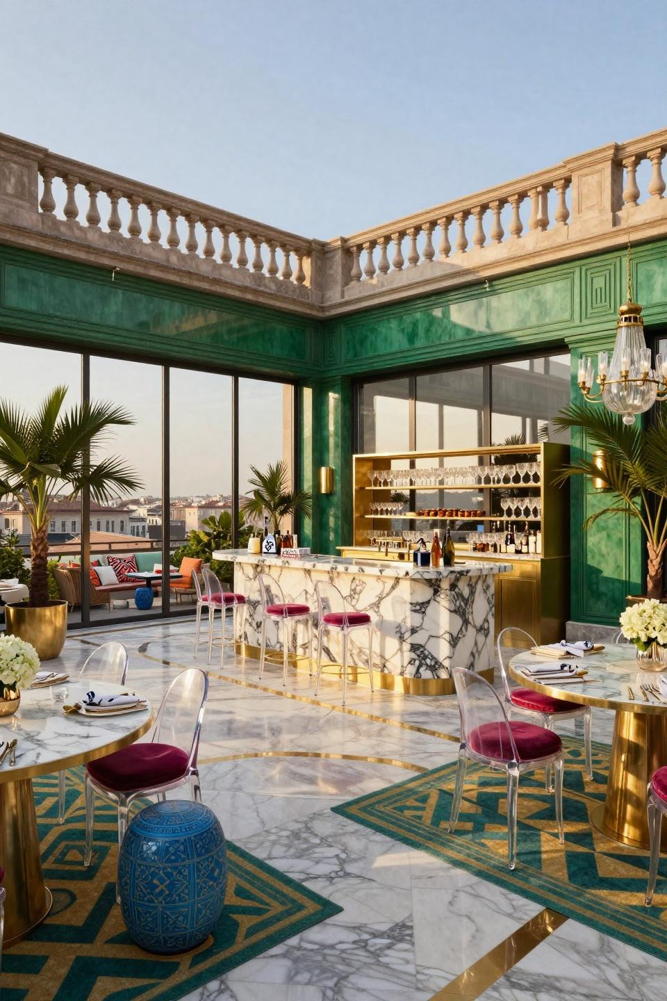 Garden Party Set Up with Calacatta Gold marble bar in Milan Centro Storico penthouse