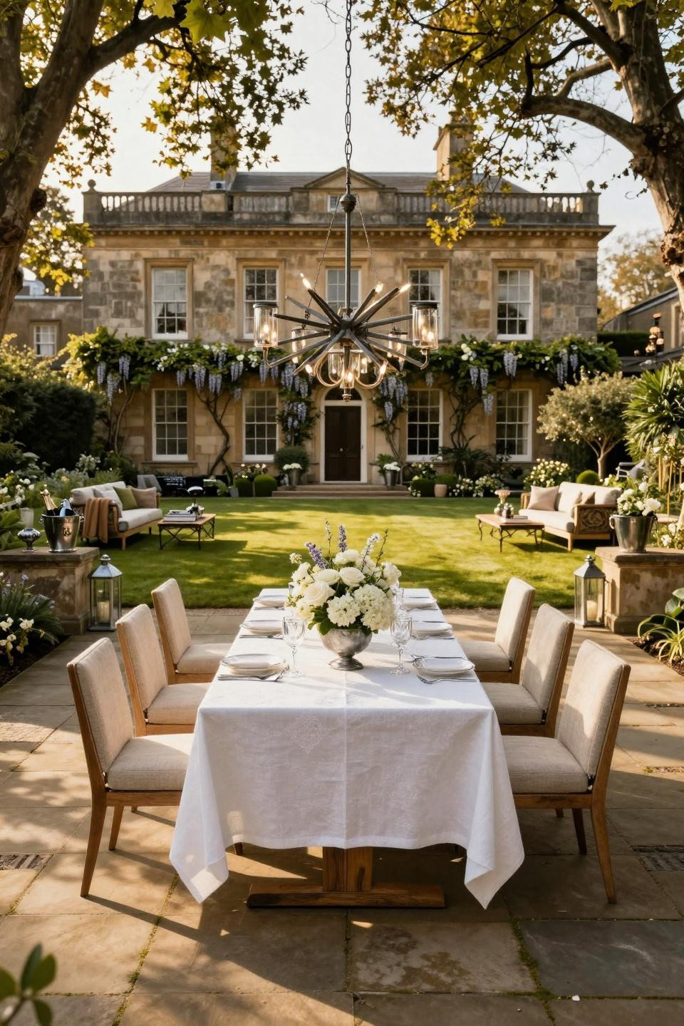 Garden Party Set Up featuring suspended chandelier in London Kensington estate garden