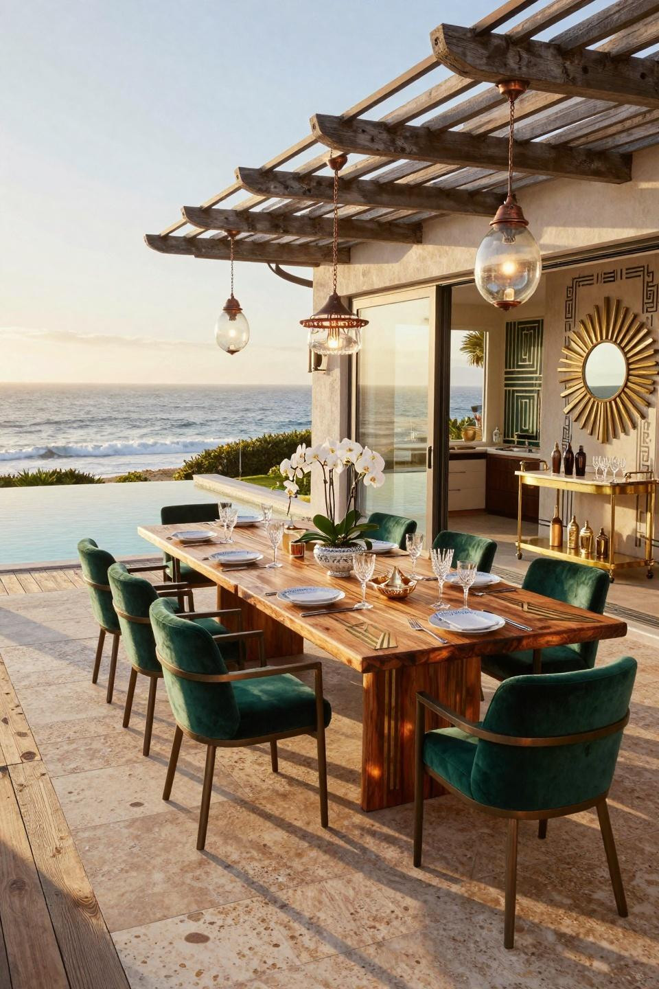 Garden Party Set Up with travertine stone and Art Deco brass inlay overlooking Pacific Ocean
