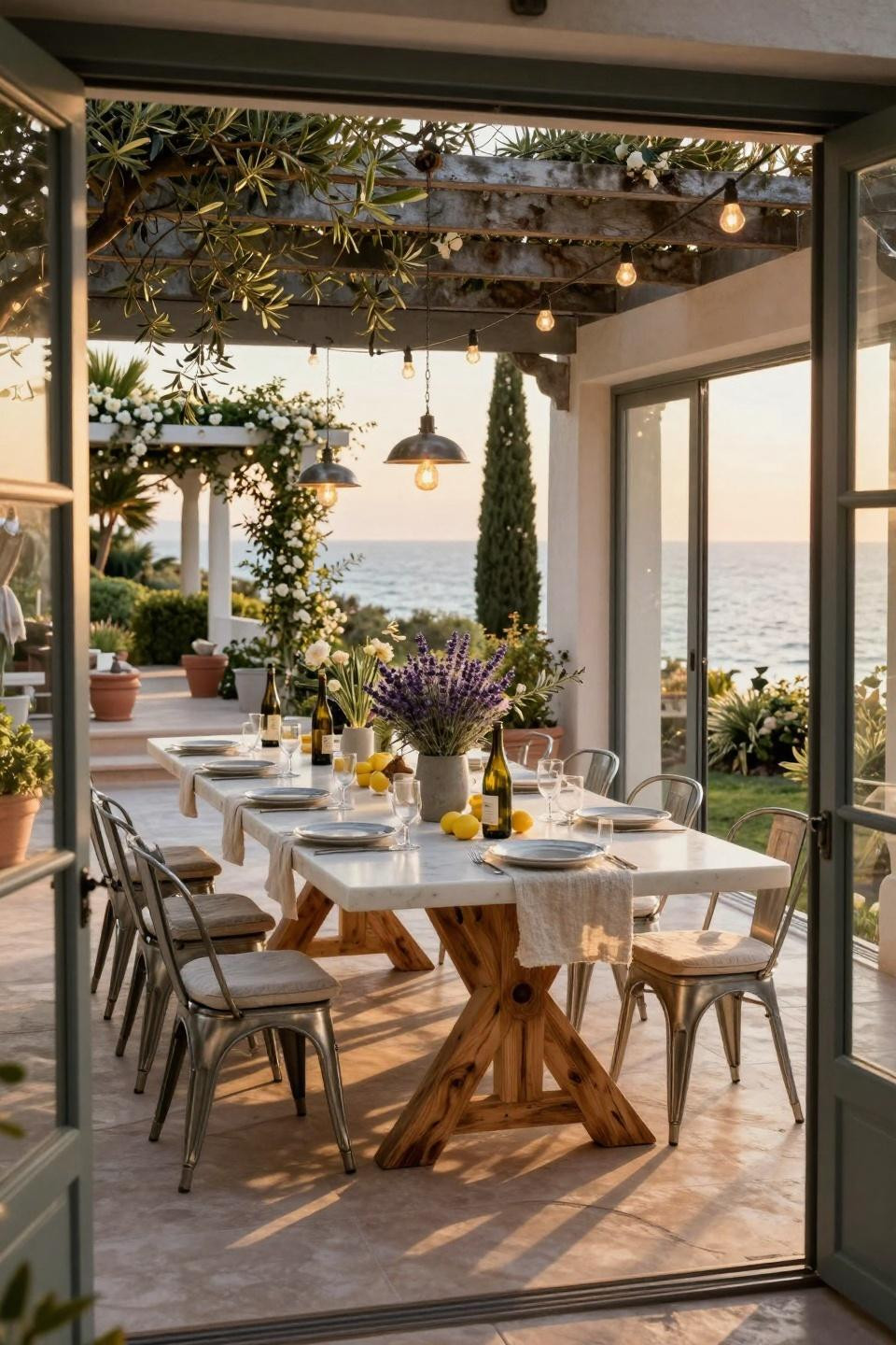 Garden Party Set Up featuring industrial steel beams in Saint-Tropez beach house