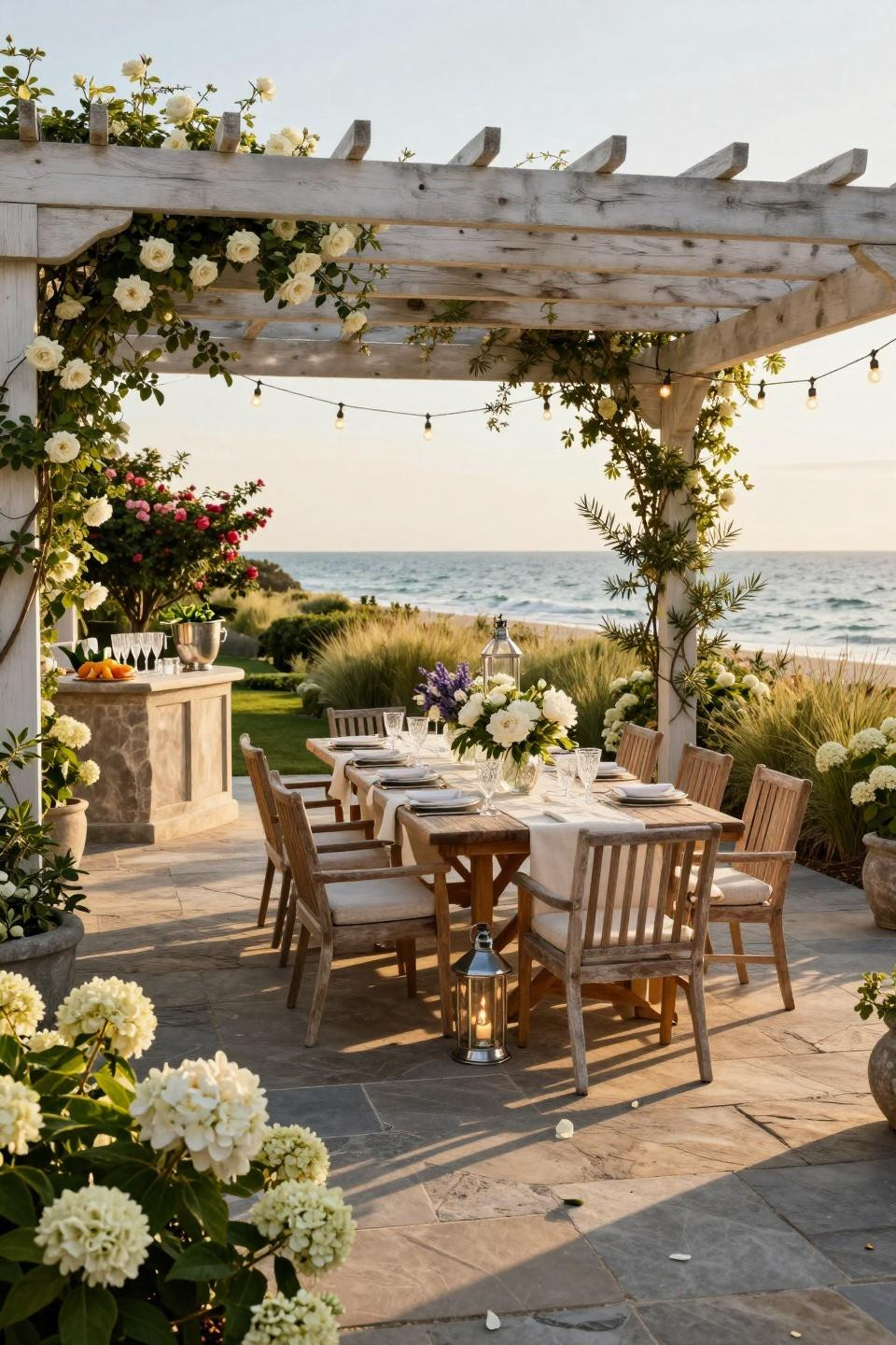 Garden Party Theme Ideas with bluestone limestone terrace in East Hampton estate