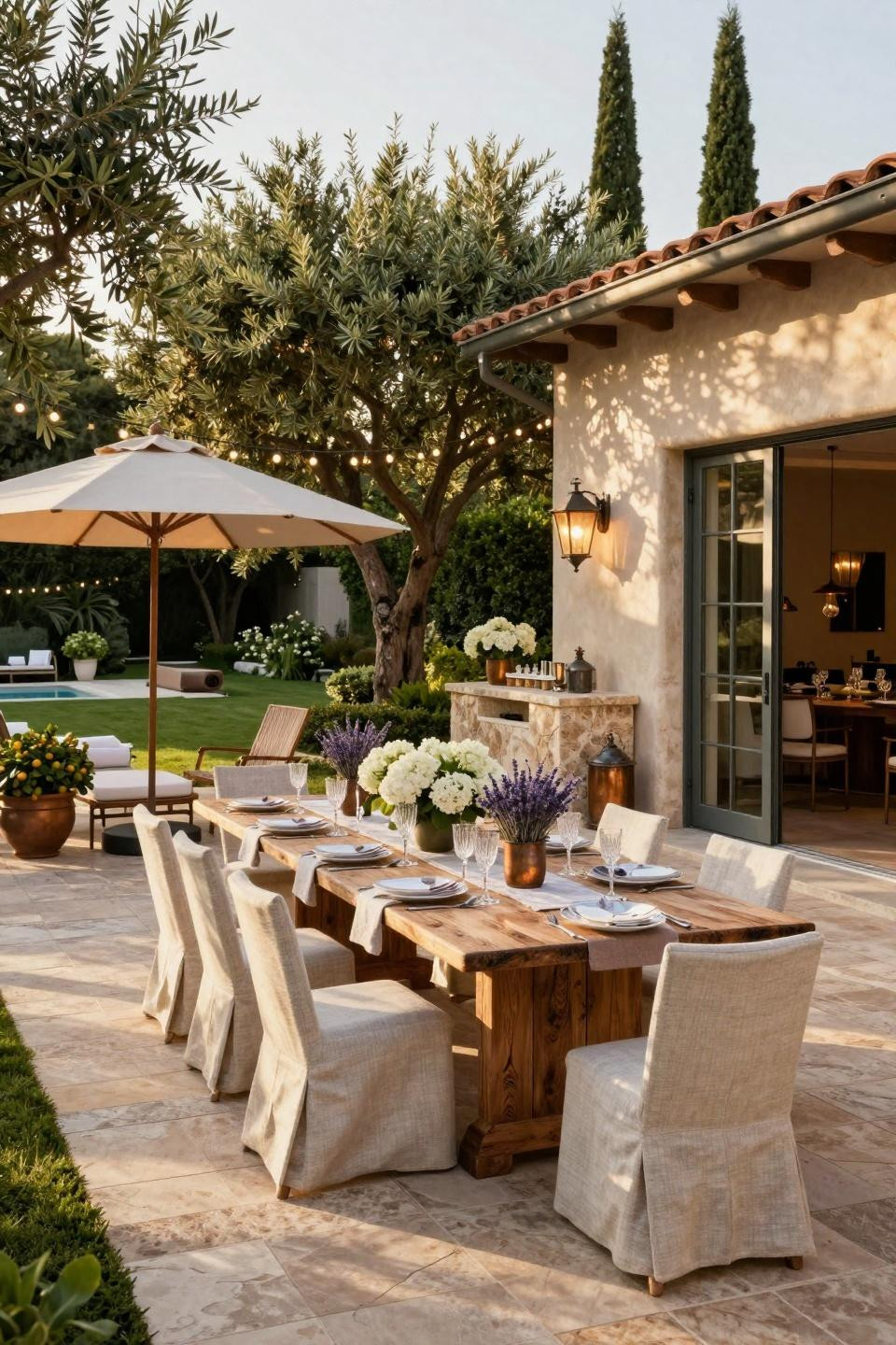 Garden Party Ideas For Adults featuring travertine terracing and aged bronze fixtures