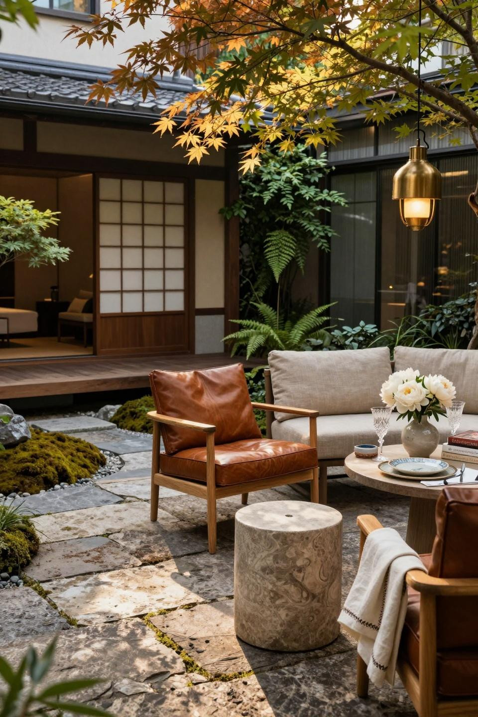 Small Garden Party Ideas with Holly Hunt teak and leather armchair in Tokyo townhouse