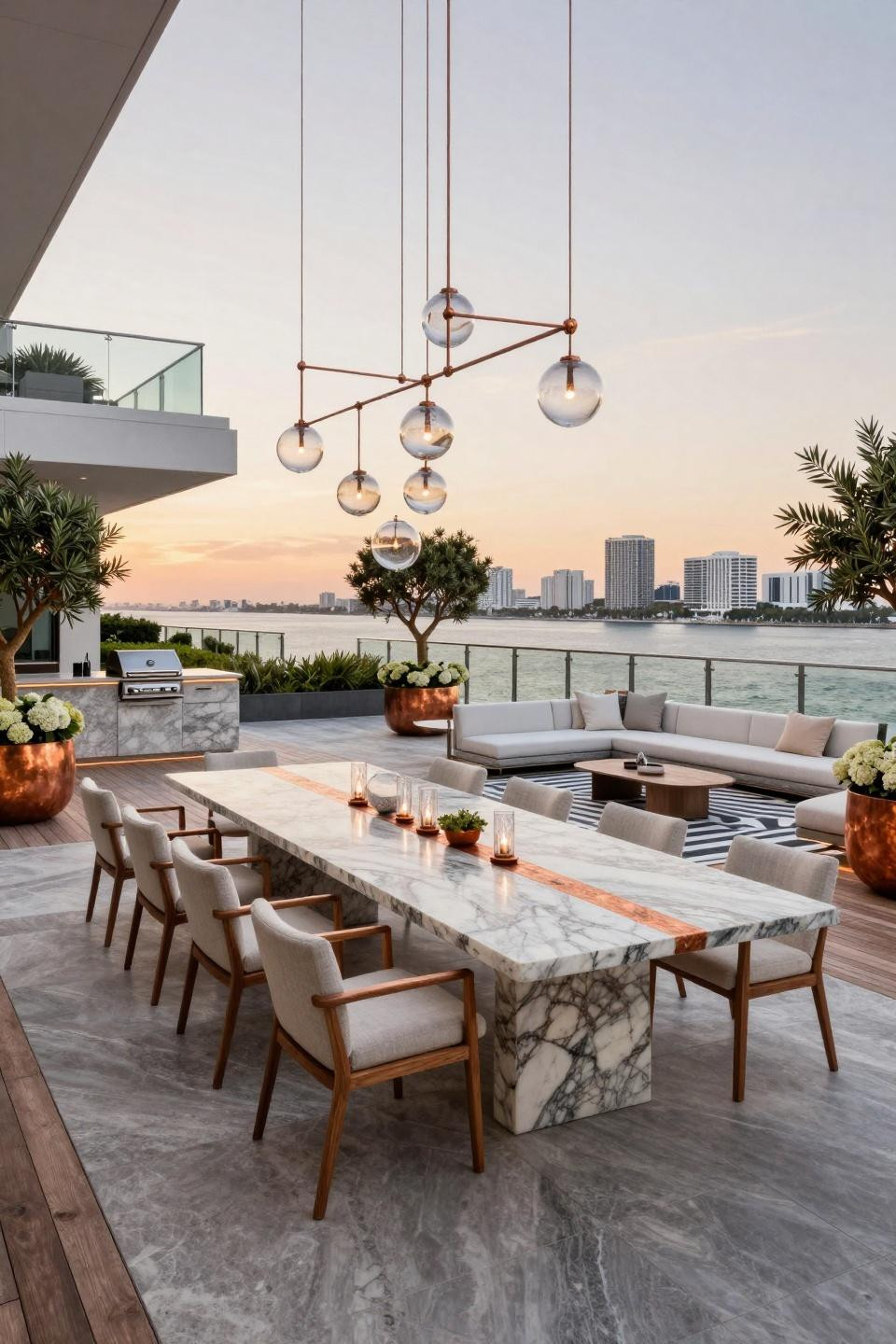 Simple Garden Party featuring quartzite dining table with copper inlay overlooking Biscayne Bay