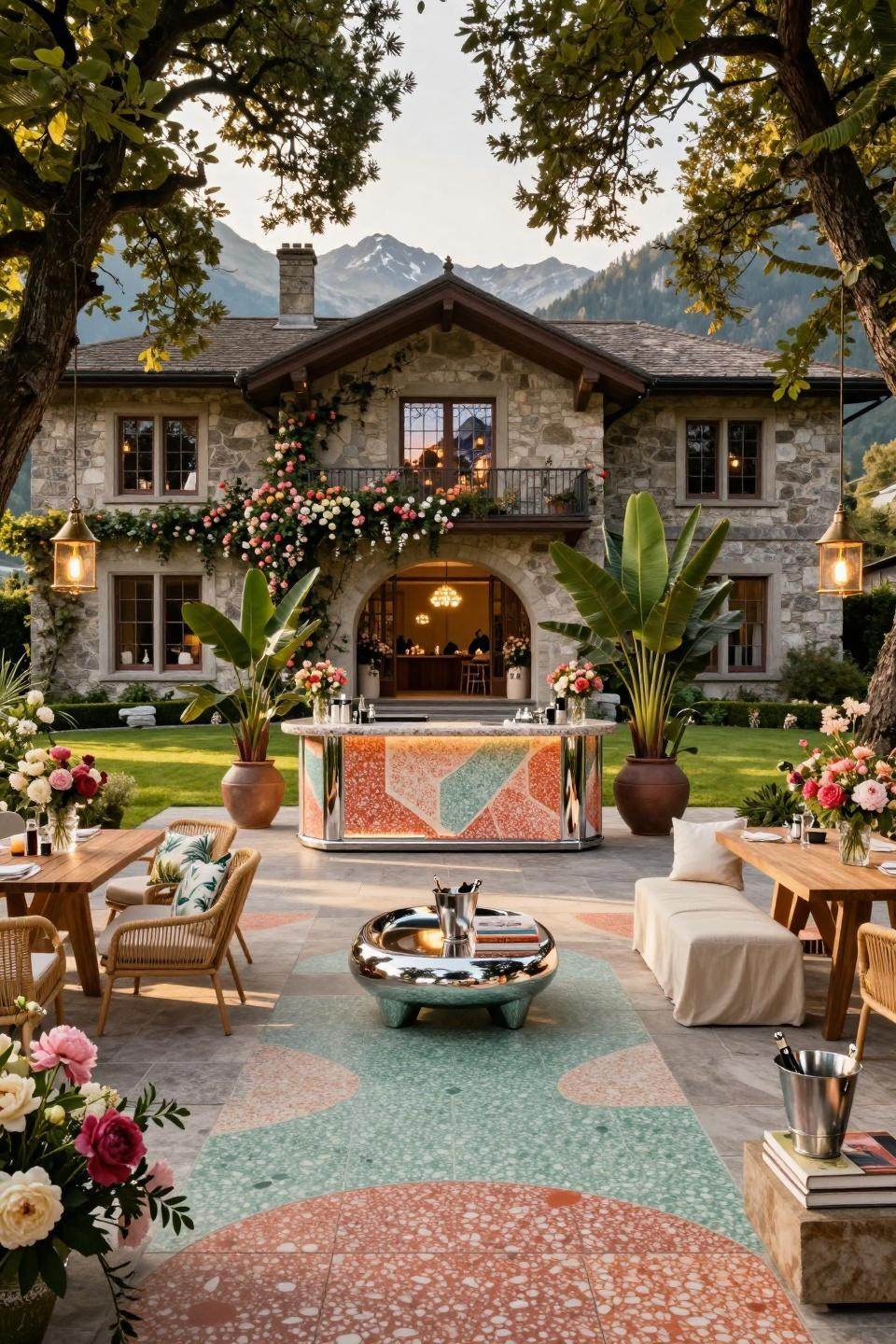 Garden Party Inspo with terrazzo Veneziano and chrome furniture in Swiss Alps